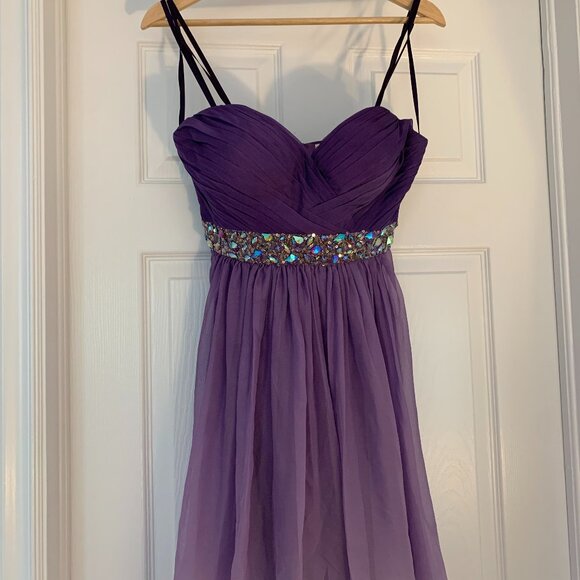 La Femme strapless short Chiffon Dress with Ruched Detail and Embellishment - Picture 1 of 8